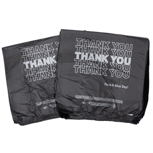 Black Printed HDPE T-Shirt Bags - 1/6 BBL 11.5"X6"X21" - 800 Bags - 13 microns - Black - 208015STY - AssurePak