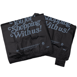 Black Printed HDPE T-Shirt Bags - 1/5 BBL 13"X10"X23" - 400 Bags - 21 microns - Black - BLK131023HDTY - AssurePak