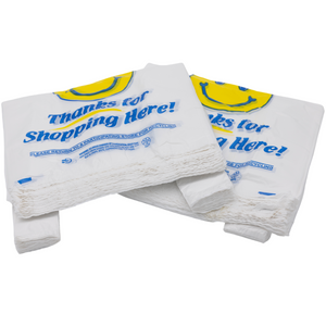 ASSUREPAK INC. - Easy Open - White Happy Face/Smiley Face HDPE T-Shirt Bags - 1/8 BBL 10"X5"X18" - 700 Bags - 16 microns - White - 10022HF-EO