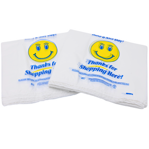 Easy Open - White Happy Face/Smiley Face HDPE T-Shirt Bags - 1/6 BBL 11.5"X6"X21" - 500 Bags - 18 microns - White - 16HFACE0516-EO - AssurePak