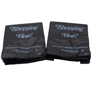 Black Printed HDPE Liquor T-Shirt Bags - 8"x4"x20" - 1000 Bags - 25 microns - Black - 8420HDBWP - AssurePak