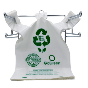 White Reusable/Eco-Friendly LDPE T-Shirt - 1/5 BBL 13"X9"X23" - 150 Bags - 57 Micron (2.25 mil) - White - WHLD40REC225REUSE1323 - AssurePak