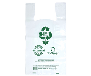 White Reusable/Eco-Friendly LDPE T-Shirt - 1/6 BBL 11.5"X6.5"X21" - 200 Bags - 57 Micron (2.25 mil) - White - WHLD40REC225REU1221 - AssurePak