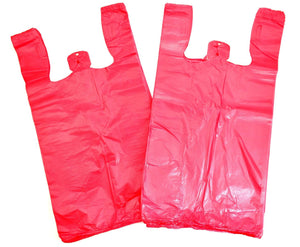 Colored Unprinted HDPE T-Shirt Bags - 1/6 BBL 11.5"X6"X21" - 1000 Bags - 13 microns - Red - LOOP-RED - AssurePak